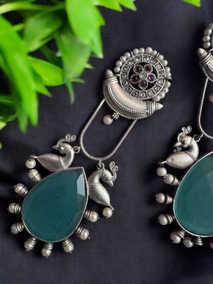 German Silver Monalisa Stone Teal Colour Statement Earring Alloy Drops & Danglers