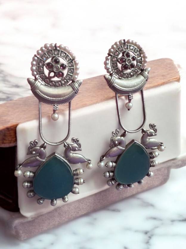 German Silver Monalisa Stone Teal Colour Statement Earring Alloy Drops & Danglers