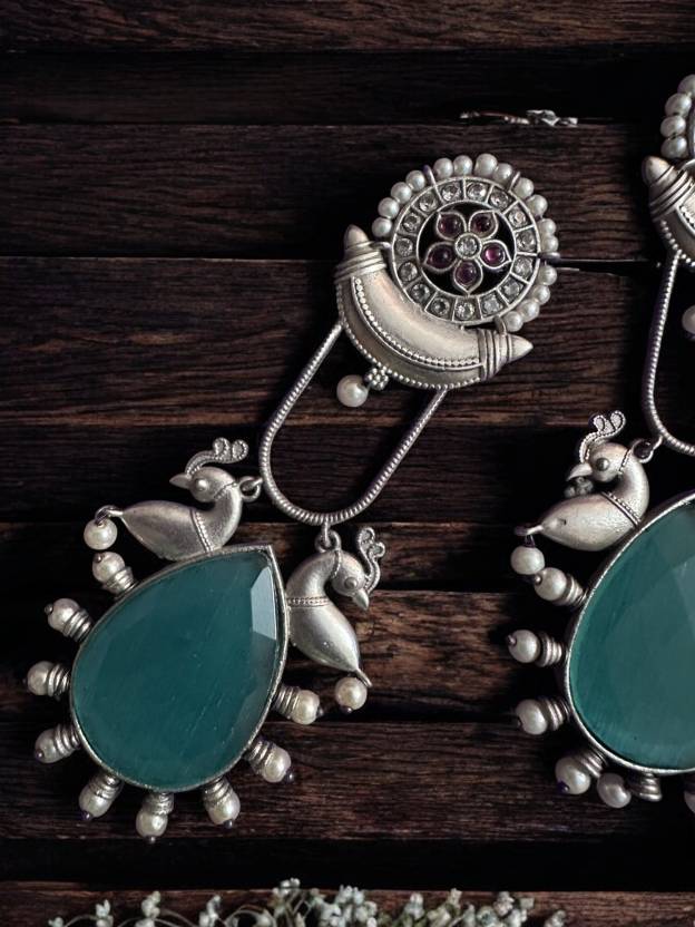 German Silver Monalisa Stone Teal Colour Statement Earring Alloy Drops & Danglers