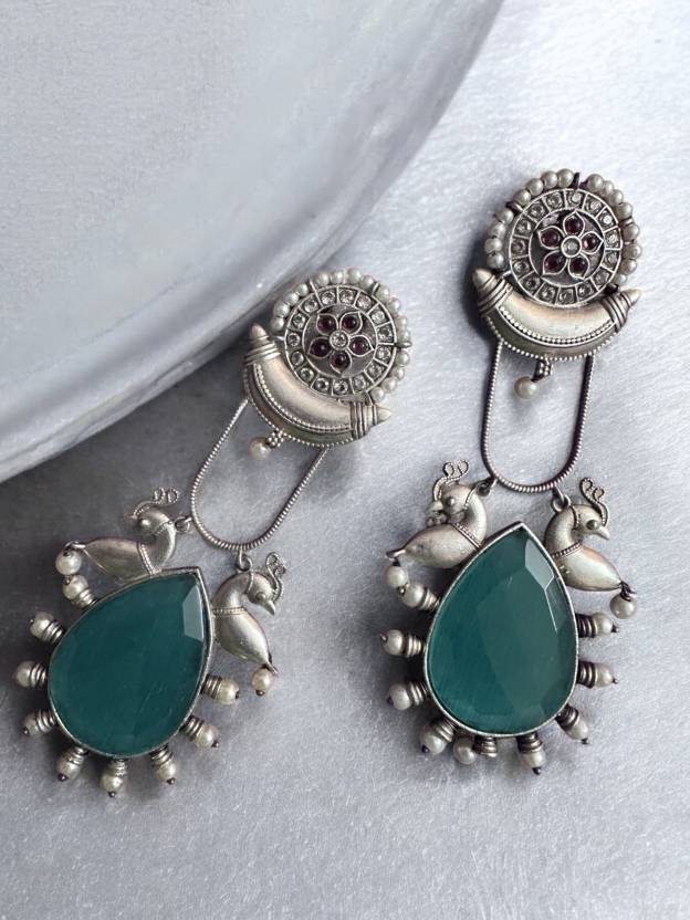 German Silver Monalisa Stone Teal Colour Statement Earring Alloy Drops & Danglers