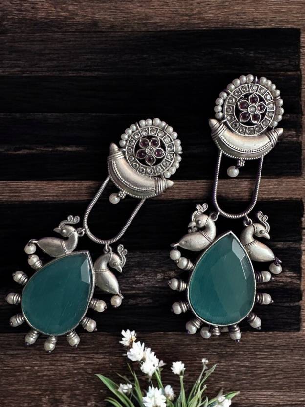 German Silver Monalisa Stone Teal Colour Statement Earring Alloy Drops & Danglers
