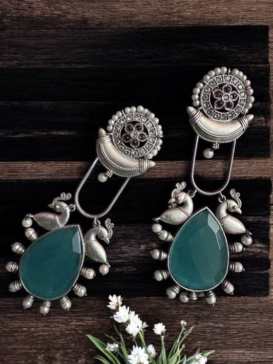 German Silver Monalisa Stone Teal Colour Statement Earring Alloy Drops & Danglers
