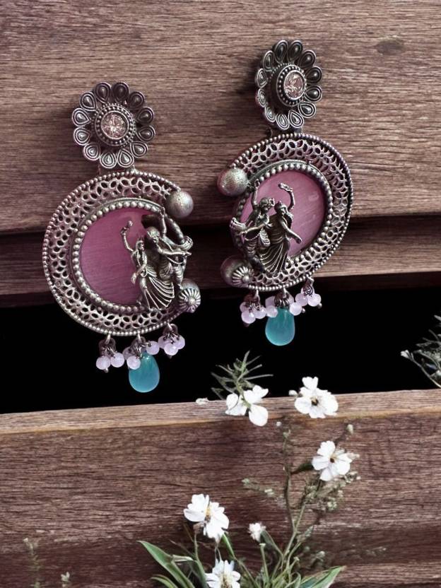 German Silver Pink Moon Stone Earring with Radhe Krishna Motif Alloy Drops & Danglers