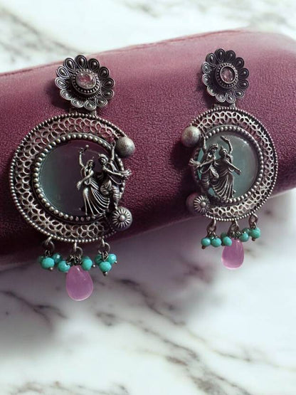 German Silver Pink Moon Stone Earring with Radhe Krishna Motif Alloy Drops & Danglers