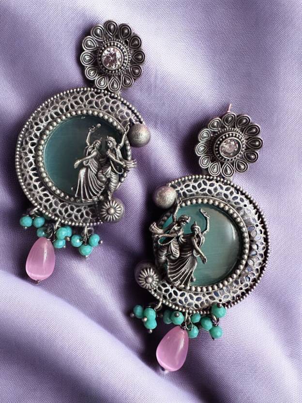 German Silver Pink Moon Stone Earring with Radhe Krishna Motif Alloy Drops & Danglers