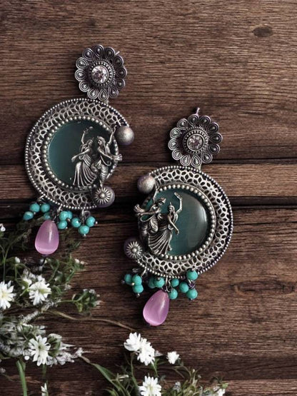 German Silver Pink Moon Stone Earring with Radhe Krishna Motif Alloy Drops & Danglers