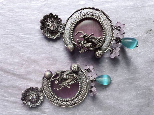 German Silver Green Moon Stone Earring with Radhe Krishna Motif Alloy Drops & Danglers
