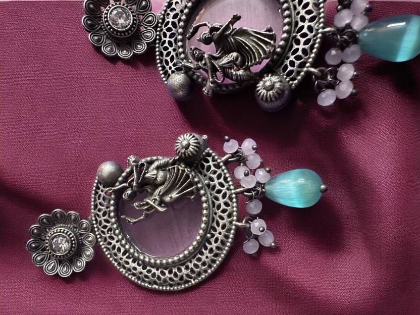 German Silver Green Moon Stone Earring with Radhe Krishna Motif Alloy Drops & Danglers
