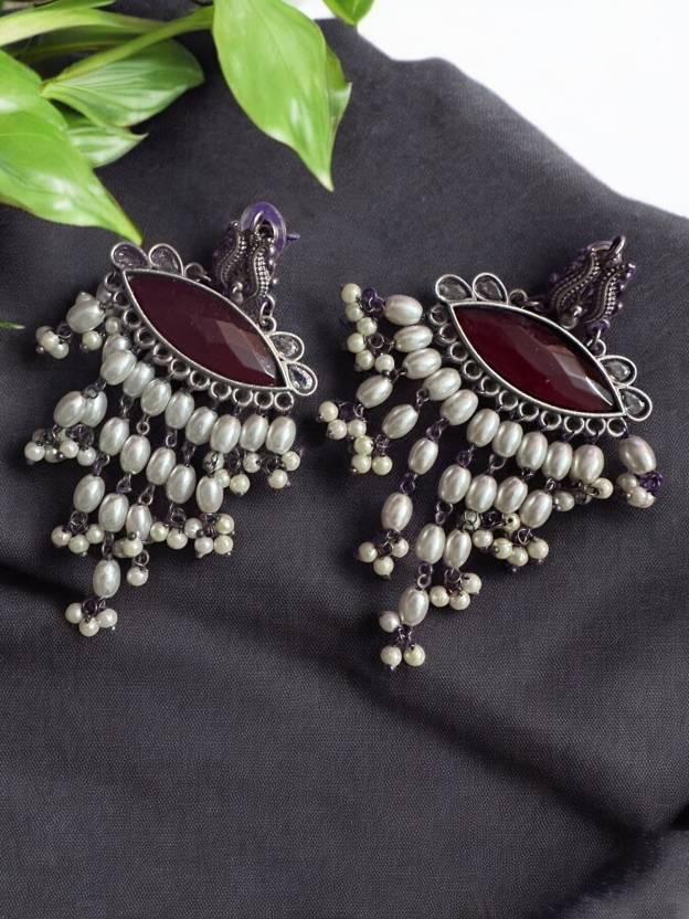 German Silver Maroon Monalisa Pearl Dangling Earrings Alloy Drops & Danglers