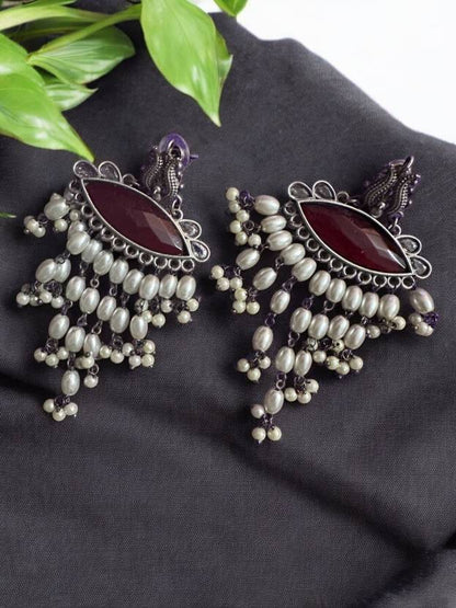 German Silver Maroon Monalisa Pearl Dangling Earrings Alloy Drops & Danglers