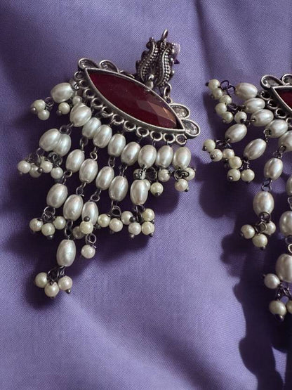 German Silver Maroon Monalisa Pearl Dangling Earrings Alloy Drops & Danglers
