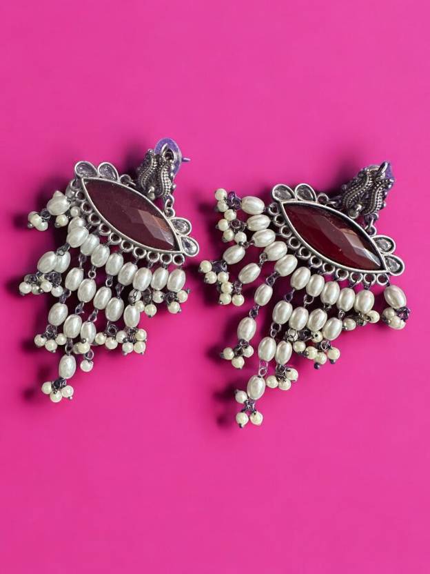 German Silver Maroon Monalisa Pearl Dangling Earrings Alloy Drops & Danglers