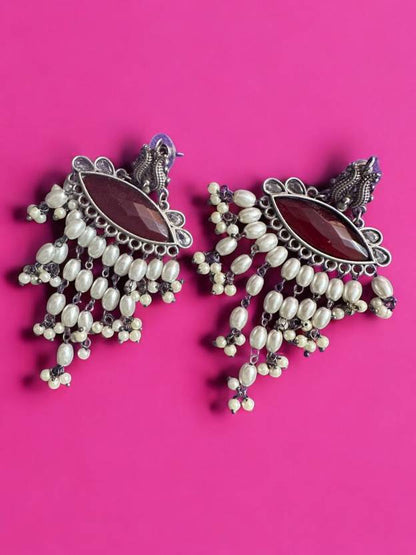 German Silver Maroon Monalisa Pearl Dangling Earrings Alloy Drops & Danglers