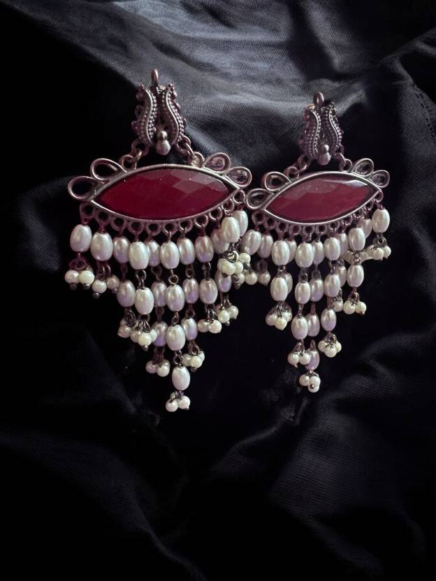 German Silver Maroon Monalisa Pearl Dangling Earrings Alloy Drops & Danglers