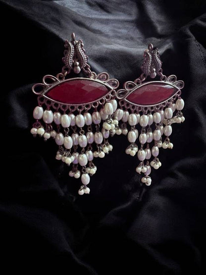 German Silver Maroon Monalisa Pearl Dangling Earrings Alloy Drops & Danglers