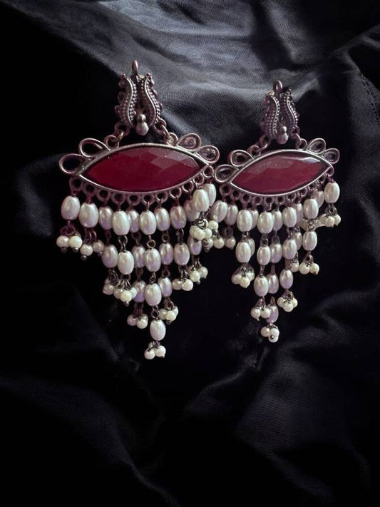 German Silver Maroon Monalisa Pearl Dangling Earrings Alloy Drops & Danglers