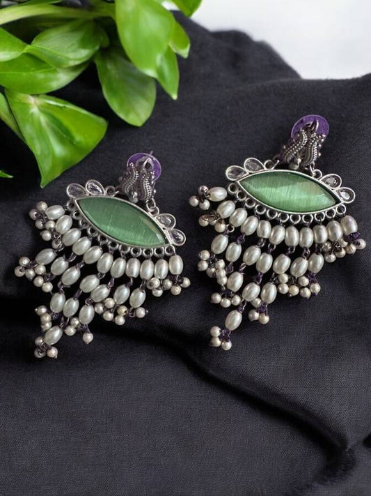 German Silver Green Monalisa Pearl Dangling Earrings Alloy Drops & Danglers