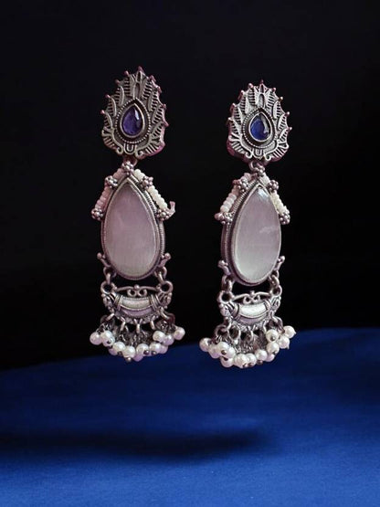 Silver Oxidised Moon White Stone Studded Earring Alloy Drops & Danglers