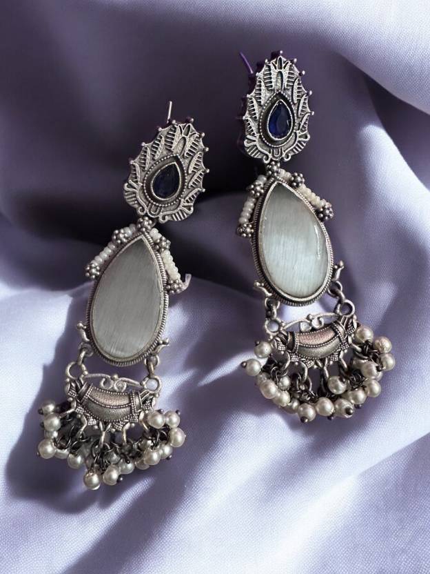 Silver Oxidised Moon White Stone Studded Earring Alloy Drops & Danglers