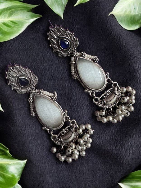 Silver Oxidised Moon White Stone Studded Earring Alloy Drops & Danglers