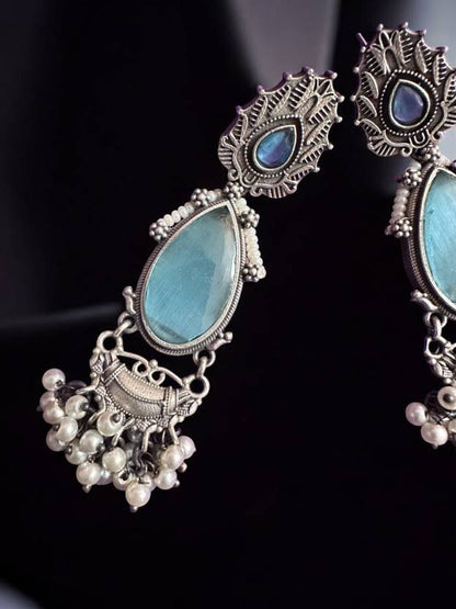 Silver Oxidised Moon Blue Stone Studded Earring Alloy Drops & Danglers