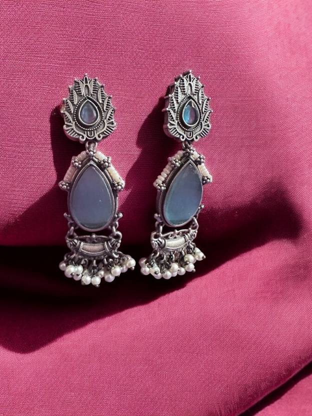 Silver Oxidised Moon Blue Stone Studded Earring Alloy Drops & Danglers