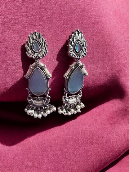 Silver Oxidised Moon Blue Stone Studded Earring Alloy Drops & Danglers