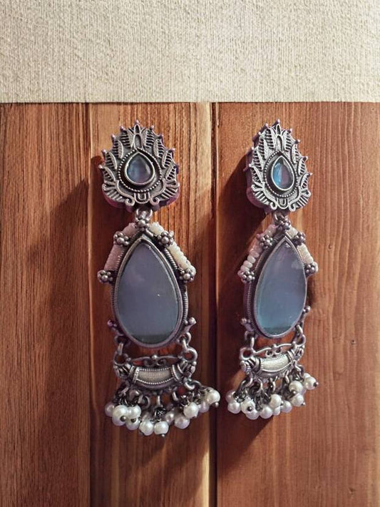 Silver Oxidised Moon Blue Stone Studded Earring Alloy Drops & Danglers