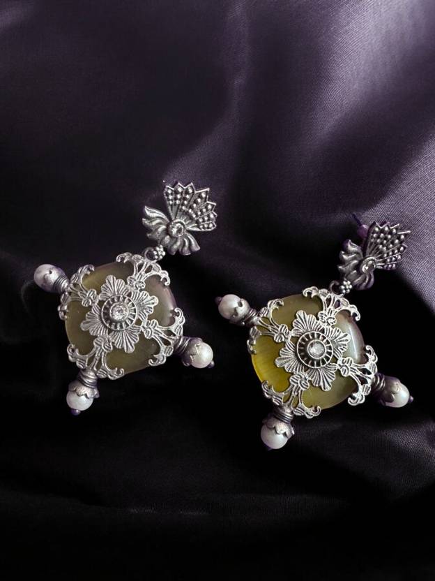 German Silver Yellow Monalisa Stone Studded Earring Alloy Drops & Danglers