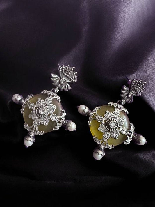 German Silver Yellow Monalisa Stone Studded Earring Alloy Drops & Danglers