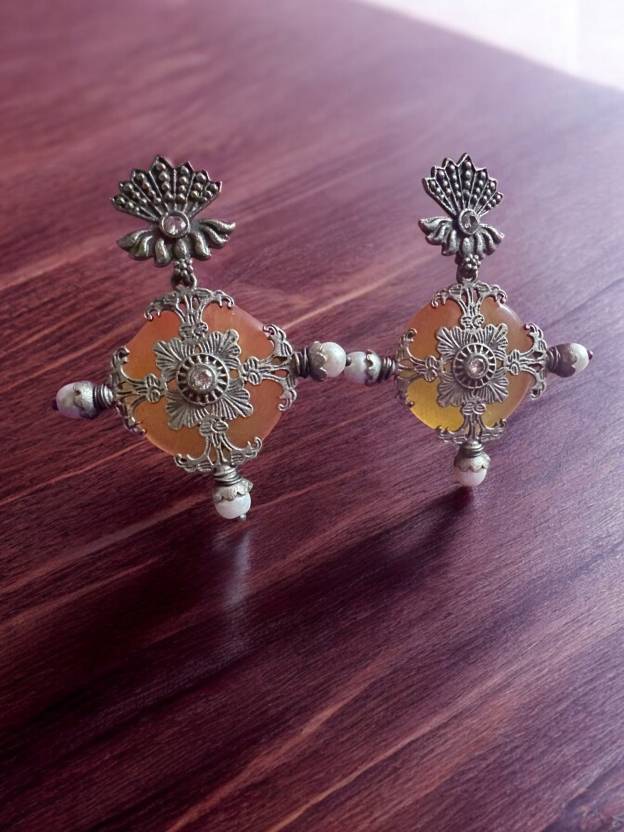 German Silver Yellow Monalisa Stone Studded Earring Alloy Drops & Danglers