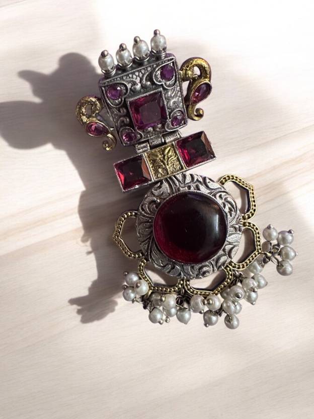 German Silver Red Dual Tone Chandbali Earring Alloy Chandbali Earring