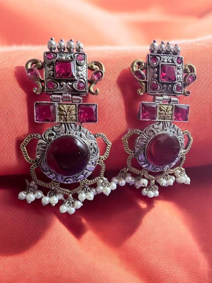 German Silver Red Dual Tone Chandbali Earring Alloy Chandbali Earring