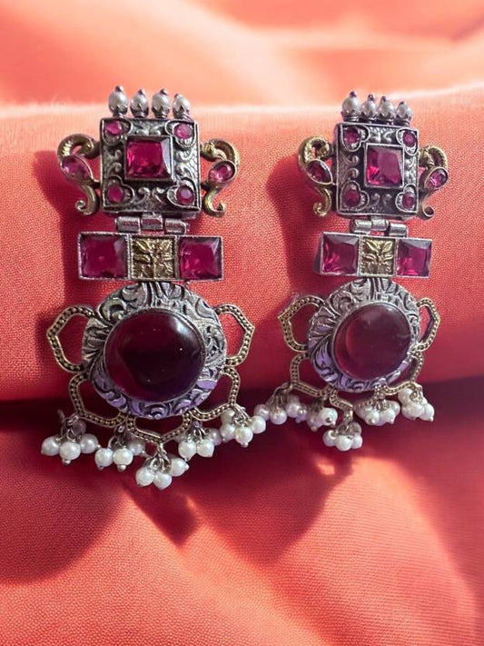 German Silver Red Dual Tone Chandbali Earring Alloy Chandbali Earring