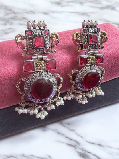German Silver Red Dual Tone Chandbali Earring Alloy Chandbali Earring