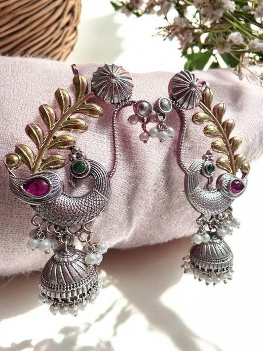 Dual Tone Over the Ear Green Stone Earring Alloy Drops & Danglers