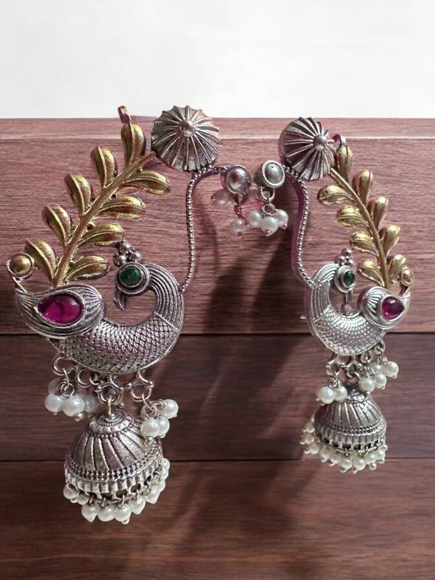Dual Tone Over the Ear Green Stone Earring Alloy Drops & Danglers