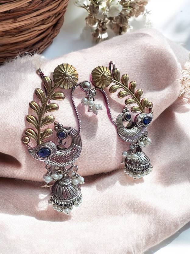 Dual Tone Over the Ear Green Stone Earring Alloy Drops & Danglers