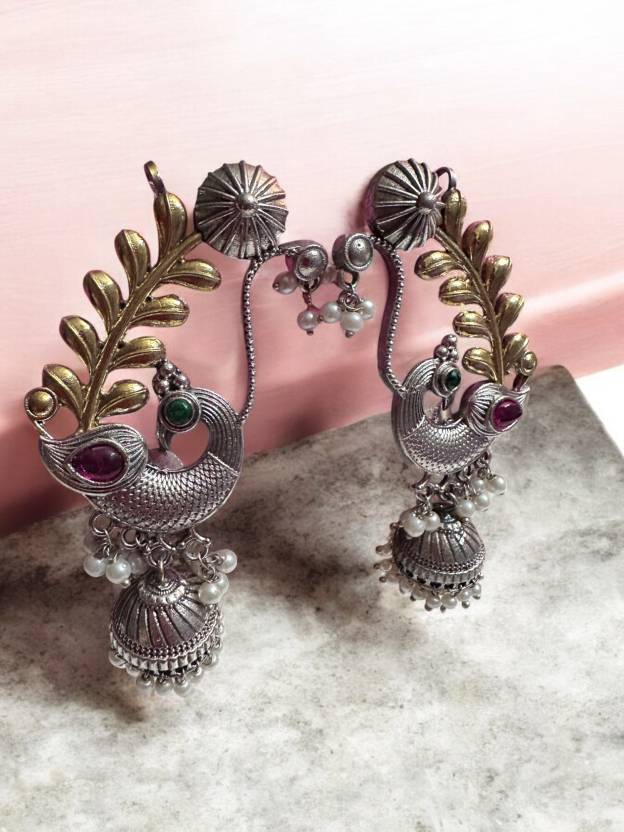 Dual Tone Over the Ear Green Stone Earring Alloy Drops & Danglers
