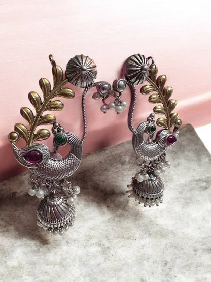 Dual Tone Over the Ear Green Stone Earring Alloy Drops & Danglers