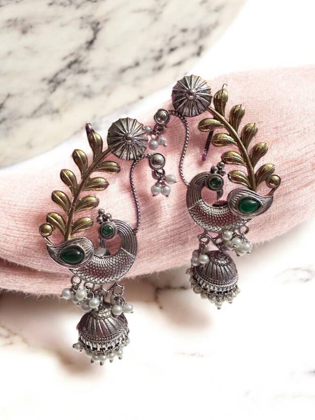 Dual Tone Over the Ear Blue Stone Earring Alloy Drops & Danglers