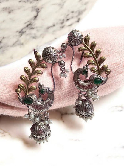 Dual Tone Over the Ear Blue Stone Earring Alloy Drops & Danglers