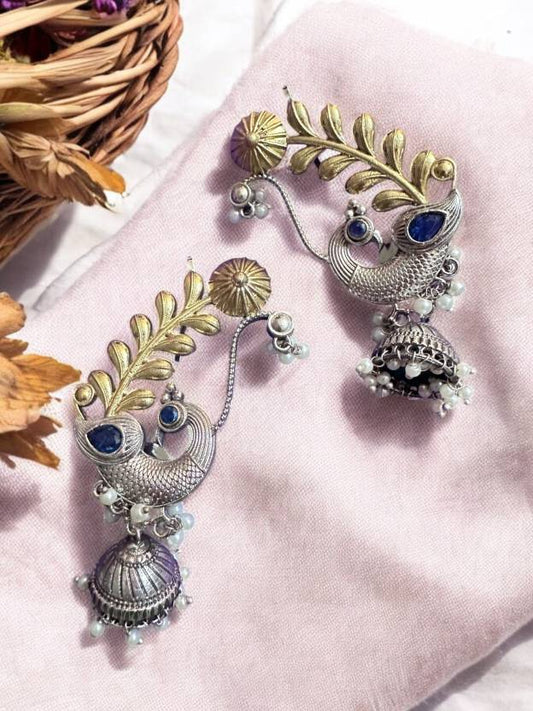 Dual Tone Over the Ear Blue Stone Earring Alloy Drops & Danglers