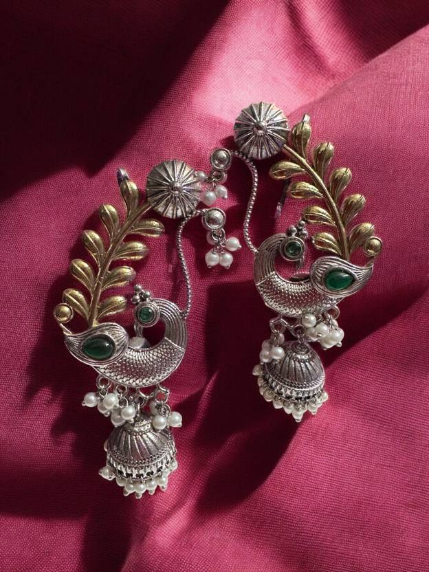 Dual Tone Over the Ear Blue Stone Earring Alloy Drops & Danglers