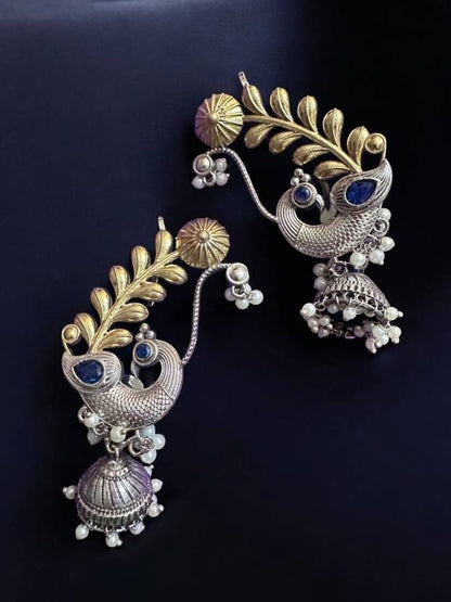 Dual Tone Over the Ear Blue Stone Earring Alloy Drops & Danglers
