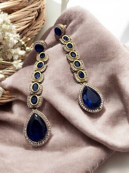 Blue Stone Studded Brass Long Earings Alloy Drops & Danglers