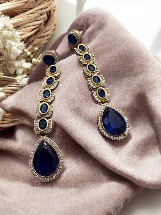 Blue Stone Studded Brass Long Earings Alloy Drops & Danglers