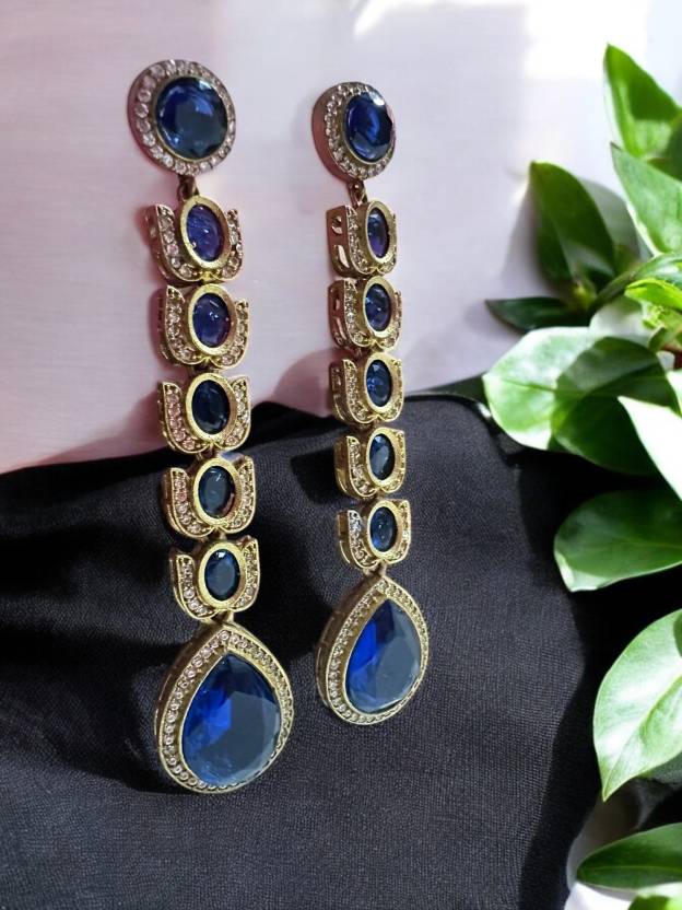 Blue Stone Studded Brass Long Earings Alloy Drops & Danglers