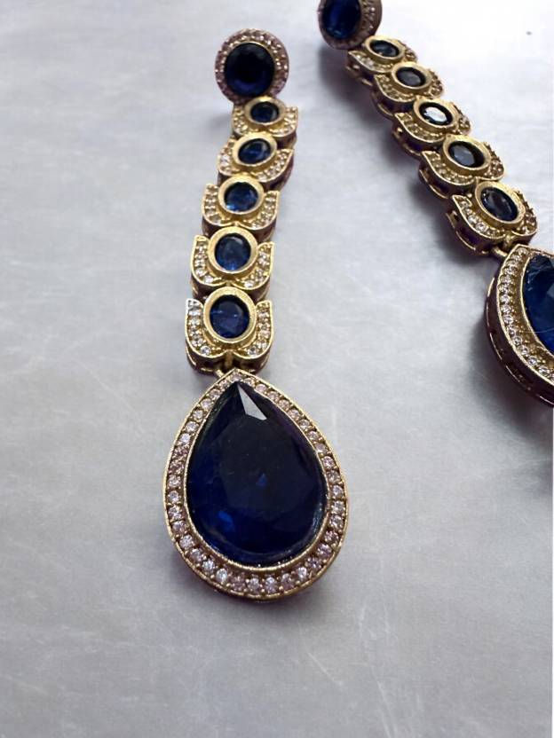 Blue Stone Studded Brass Long Earings Alloy Drops & Danglers