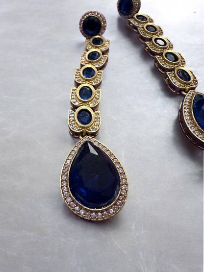 Blue Stone Studded Brass Long Earings Alloy Drops & Danglers
